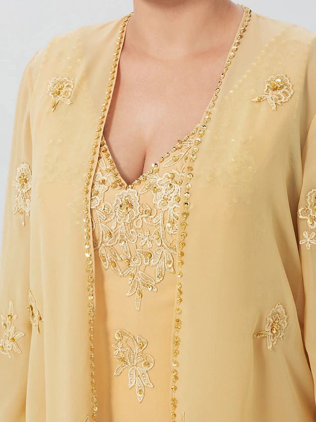 A-Linien-Kleid für die Mutter der Braut, formell, Übergröße, elegant, hoher und niedriger V-Ausschnitt, asymmetrisch, Chiffon, mit Perlen besetzte Spitze, lange Ärmel, Wickelkleid mit Perlenapplikationen